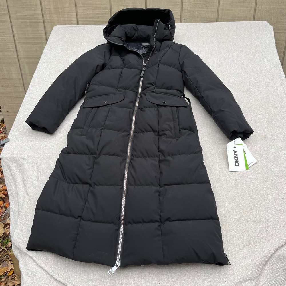 DKNY Womens Black Long Hooded Puffer Coat Water Resistant Belted Parka Small
